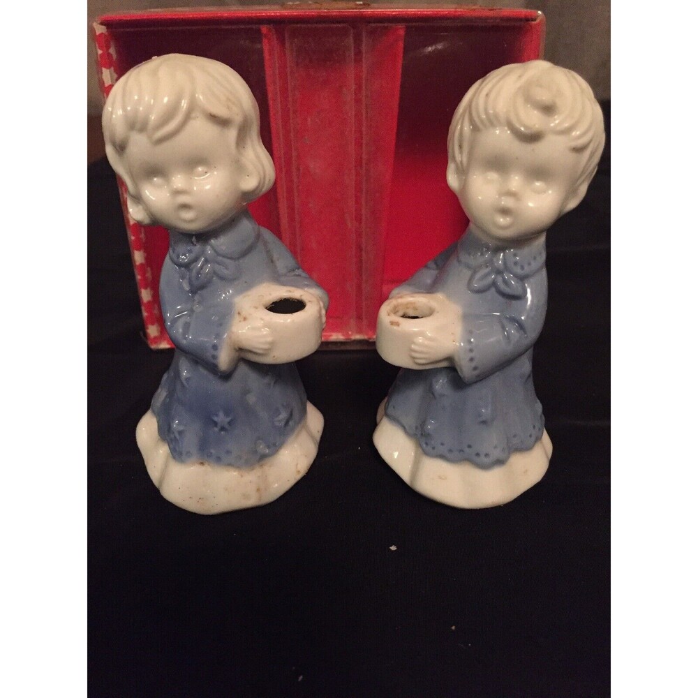 Vtg Porcelain Angel Candleholder Set Four Inches Tall Blue And White In Box
